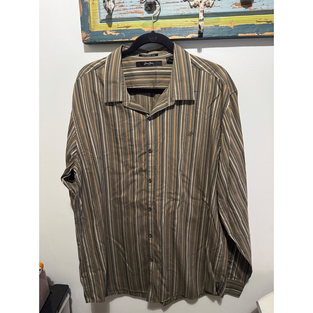 Sean John Shirt Mens XXXL‎ Green Gold White Striped Cotton Tailored Fit